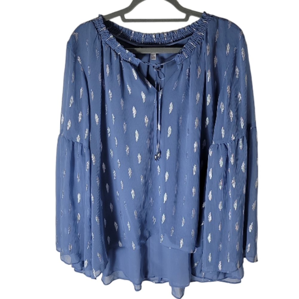 Jennifer Lopez blue silver chiffon women's top shirred neck high low size XL